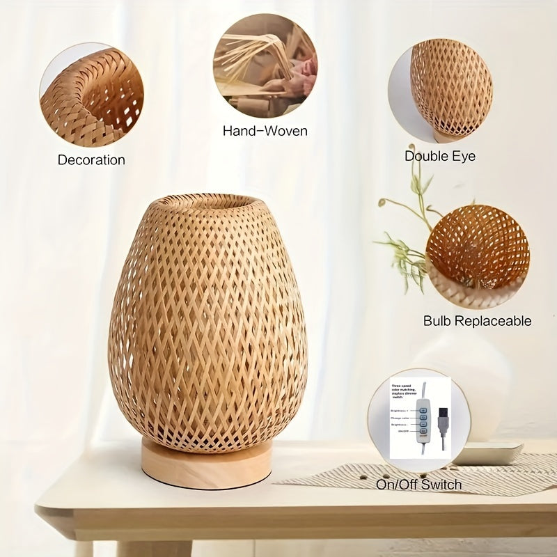 Bamboo Woven Bedside Lamp – Dimmable Table Light with USB Connection