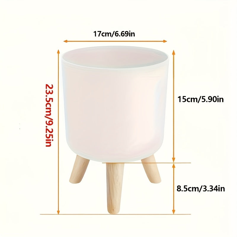 Decorative Plant Pot with Wooden Legs – Round Design for Indoor/Outdoor Use