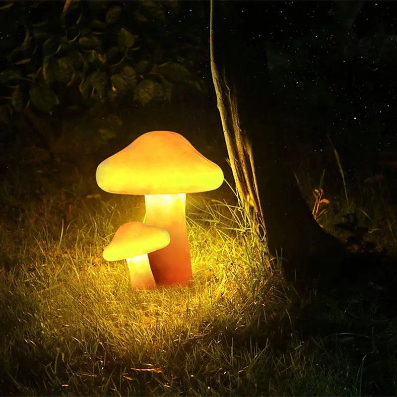 Garden Lamp Set with LED Mushrooms in Orange Resin for Outdoors
