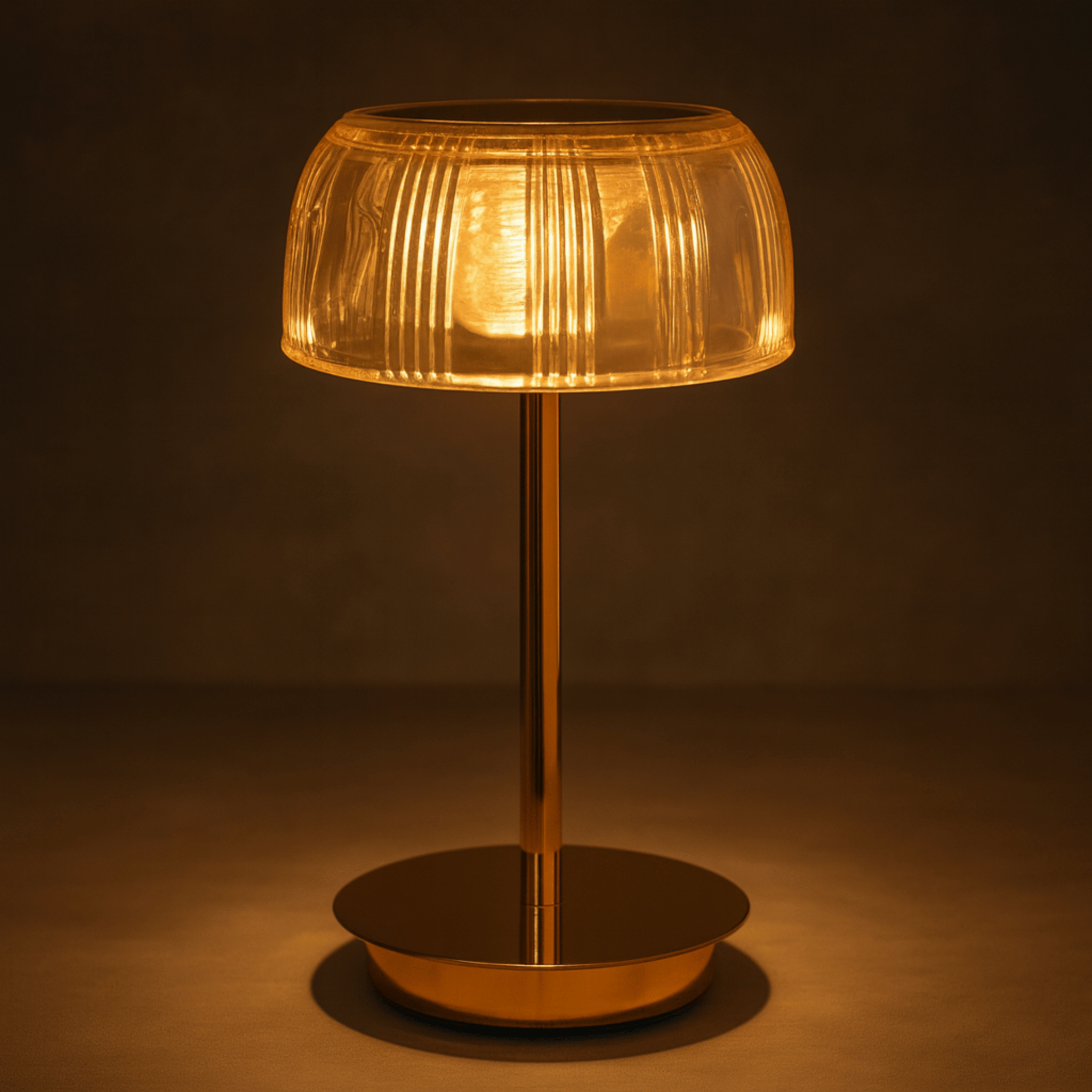 LED Table Lamp with Ribbed Shade and Metal Base – Rechargeable Glass Design