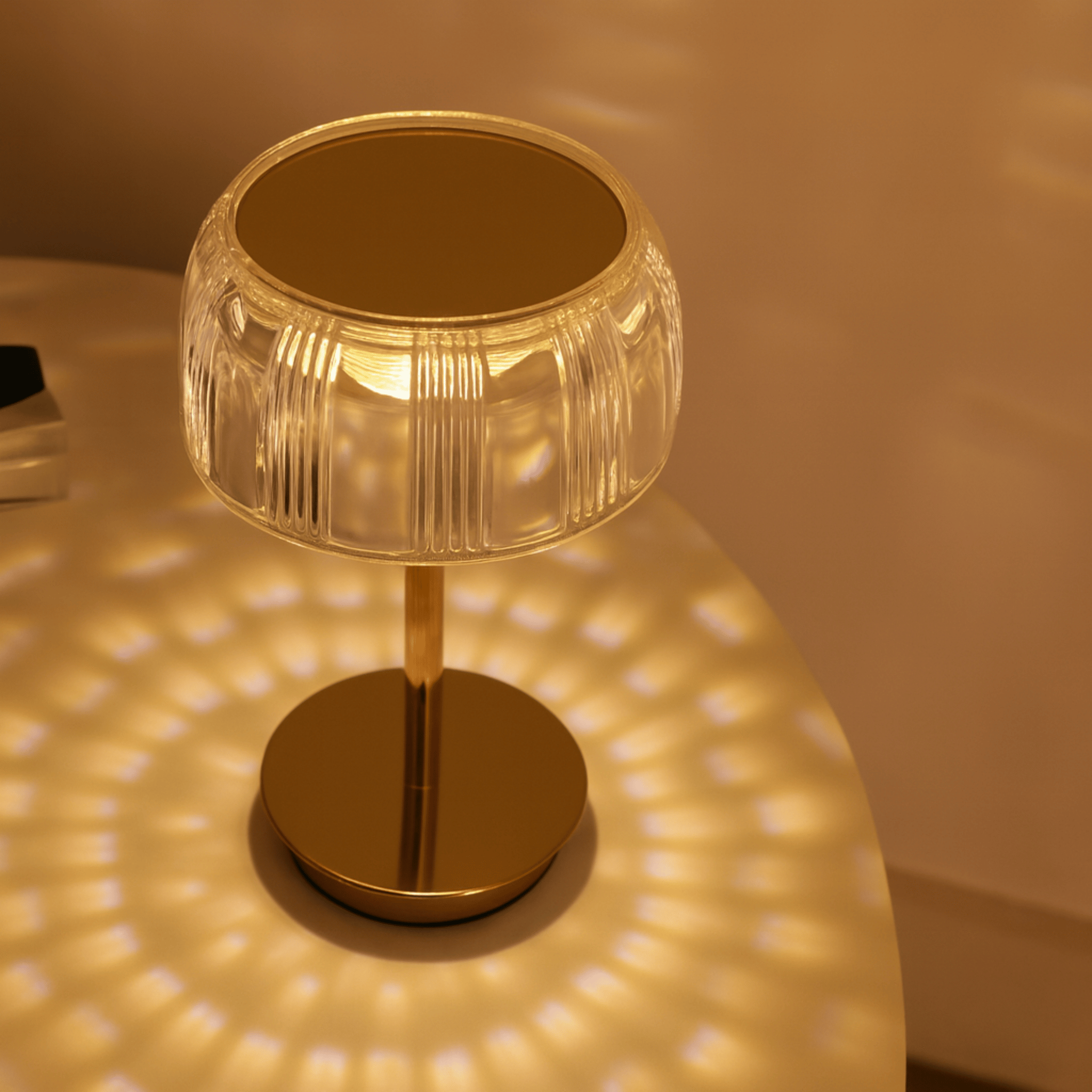 LED Table Lamp with Ribbed Shade and Metal Base – Rechargeable Glass Design