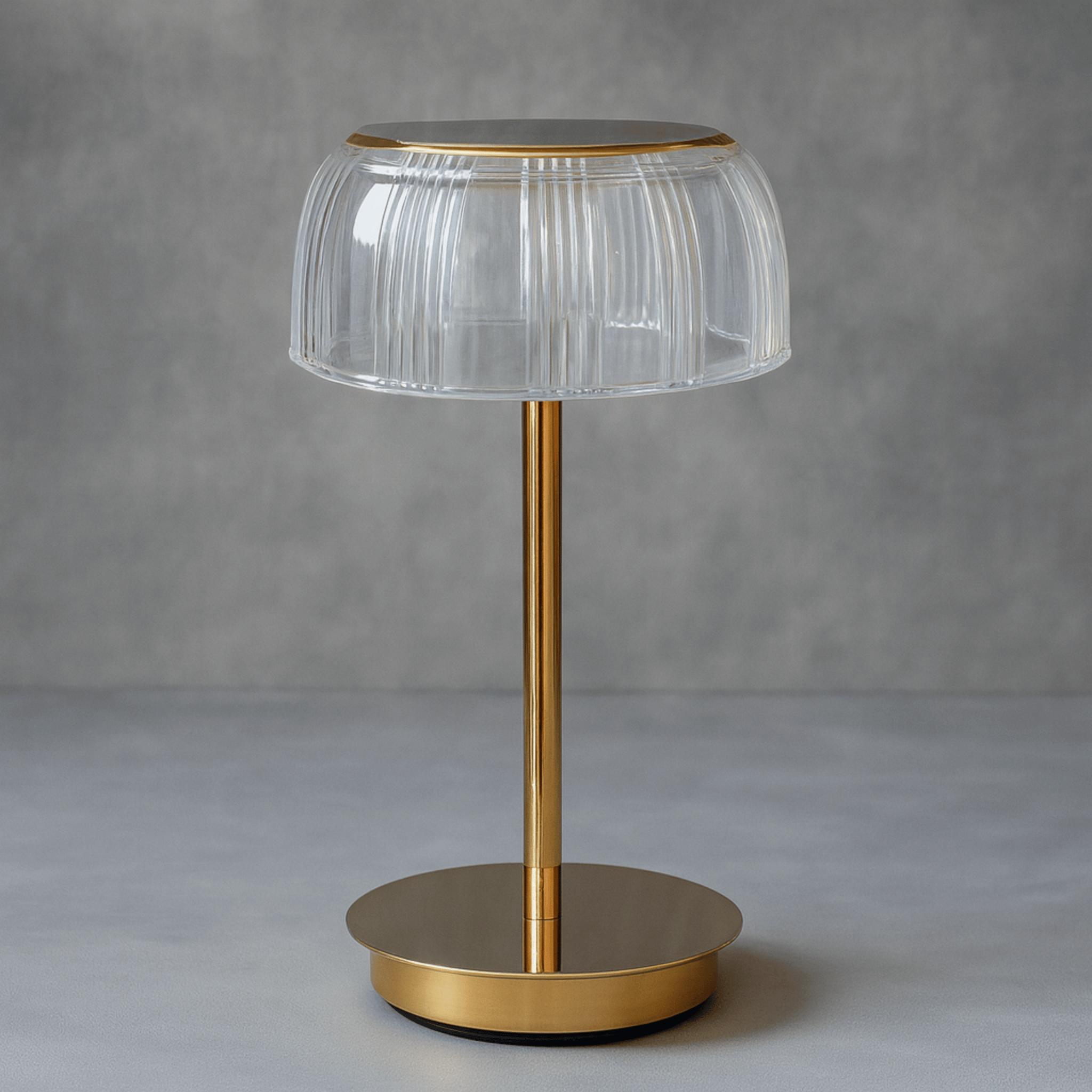 LED Table Lamp with Ribbed Shade and Metal Base – Rechargeable Glass Design