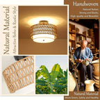 Rattan Ceiling Lamp in Boho Style | Linen Shade Semi-Flush Design