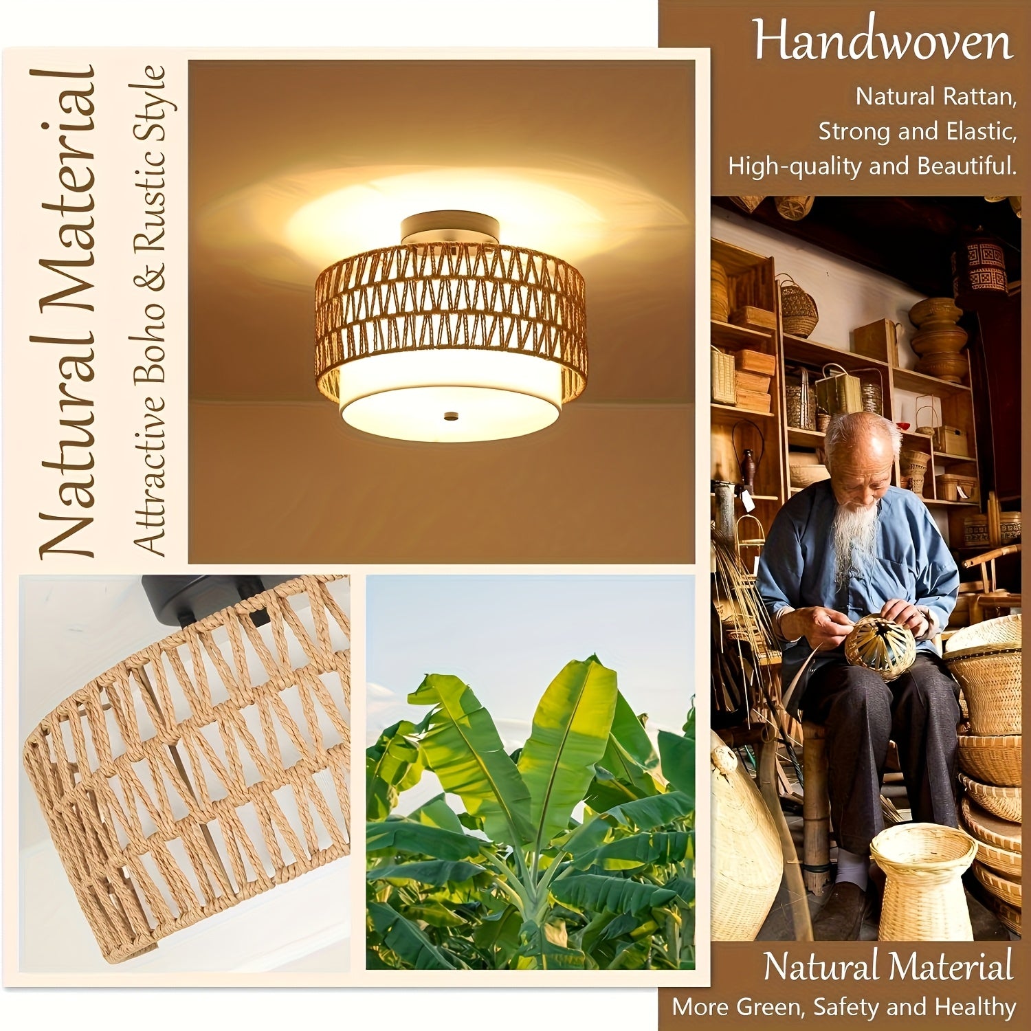 Rattan Ceiling Lamp in Boho Style | Linen Shade Semi-Flush Design