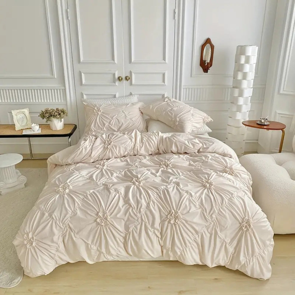 Pleated Floral Textured Duvet Cover Set (Zipper & Corner Ties)