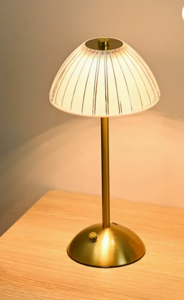 LED Table Lamp with Fluted Glass Shade – Rechargeable Design