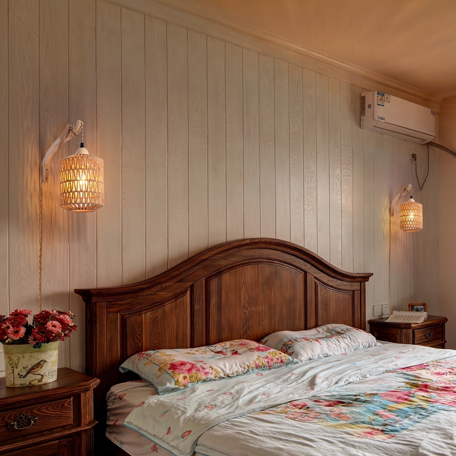 Handcrafted Rattan and Wood Wall Light Fixture – Plug-In Design