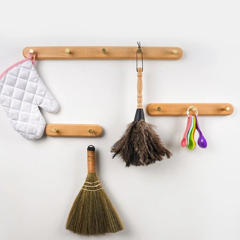 Wall-Mounted Coat Rack Natural Wood & Brass Hooks