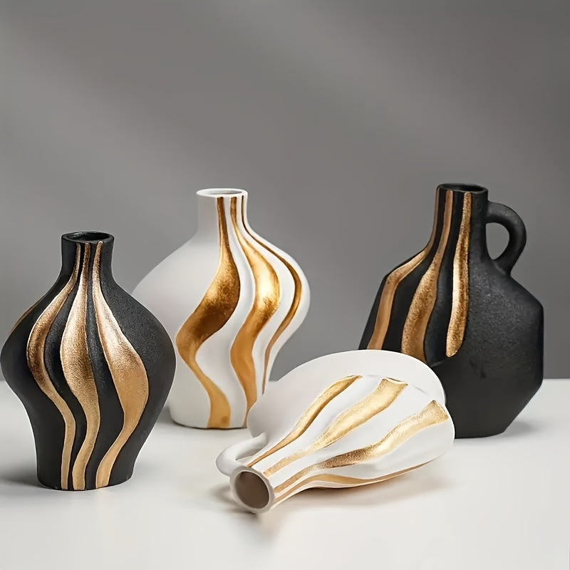 Contemporary Ceramic Vase – Black and White with Gold Details for Table Decor