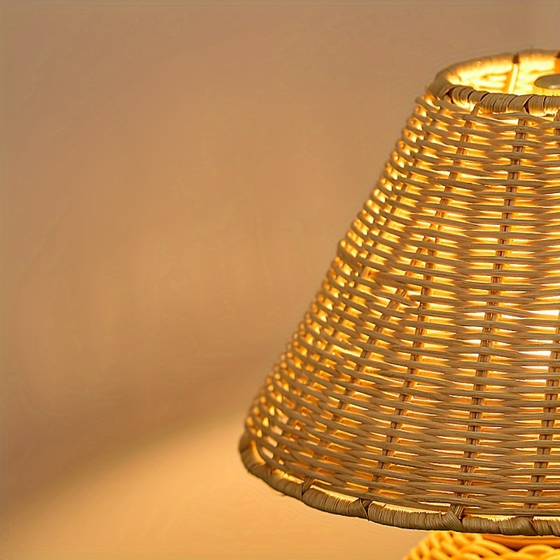 Boho Accent Lamp with USB Power - Woven Bamboo Desk Light