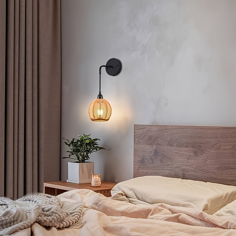 Handwoven Rattan Wall Light – Bohemian Sconce for Bedroom & Living Room