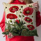 Quilted Cotton-Polyester Poppy Floral Cushion Cover (Envelope Closure)