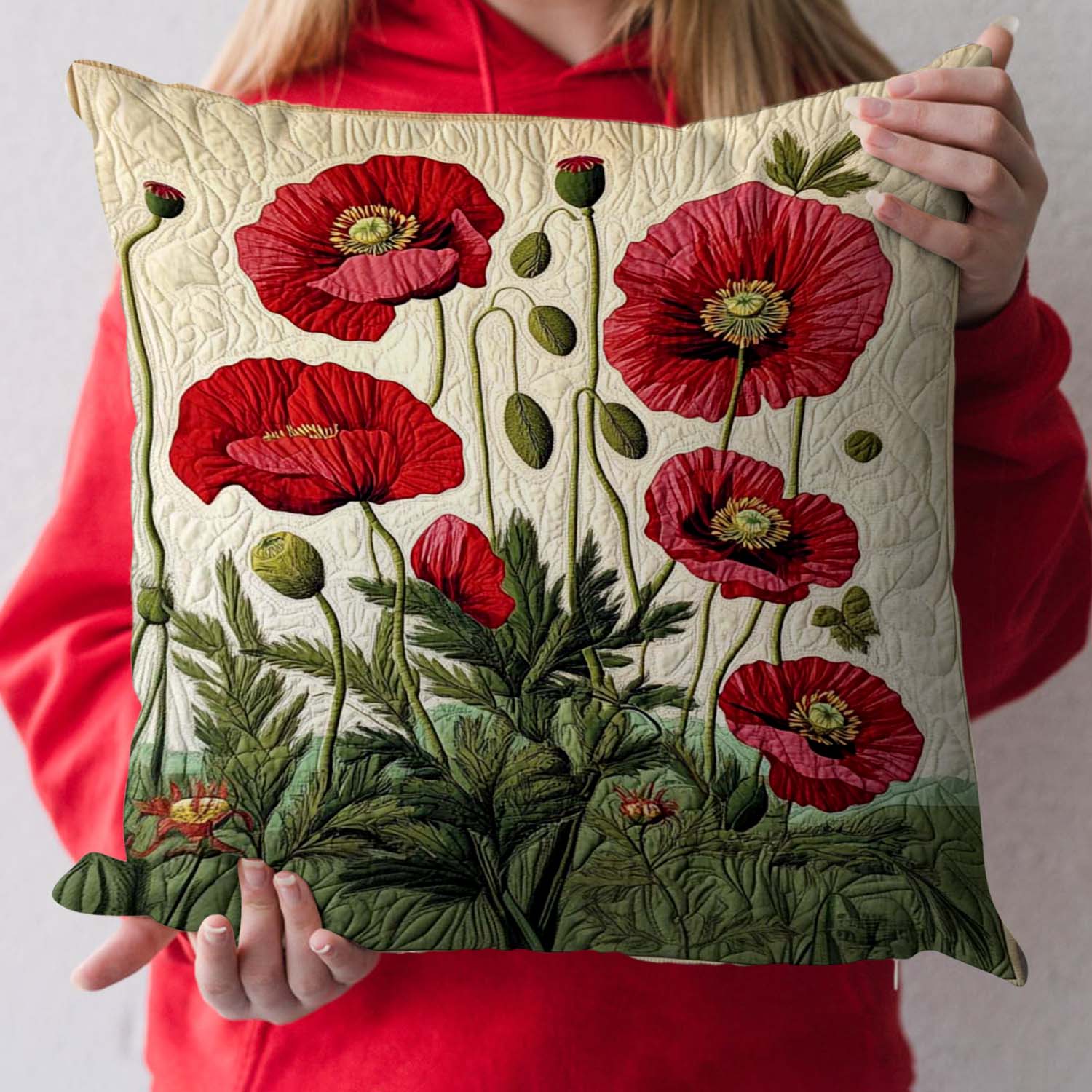 Quilted Cotton-Polyester Poppy Floral Cushion Cover (Envelope Closure)