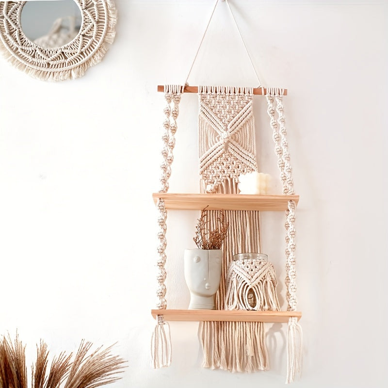 Hanging Storage Rack with Two Tiers – Bohemian Macrame Wall Shelf