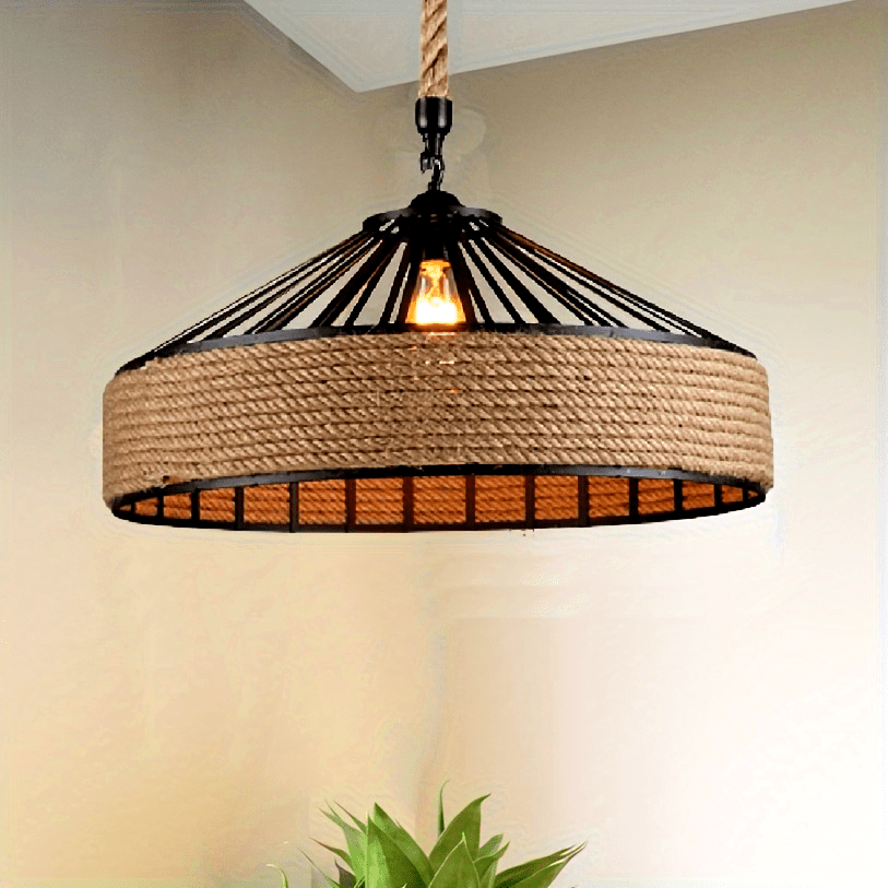 Vintage Ceiling Lamp with Hemp Rope Pendant - Rustic Farmhouse Style