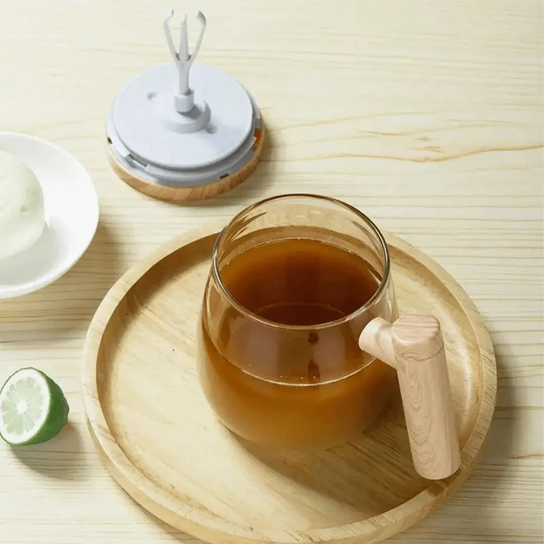 Self-Stirring Mug Glass Body Wooden Lid Spill-Proof
