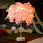 Round Base Table Lamp with Metal Stem and Feather Shade