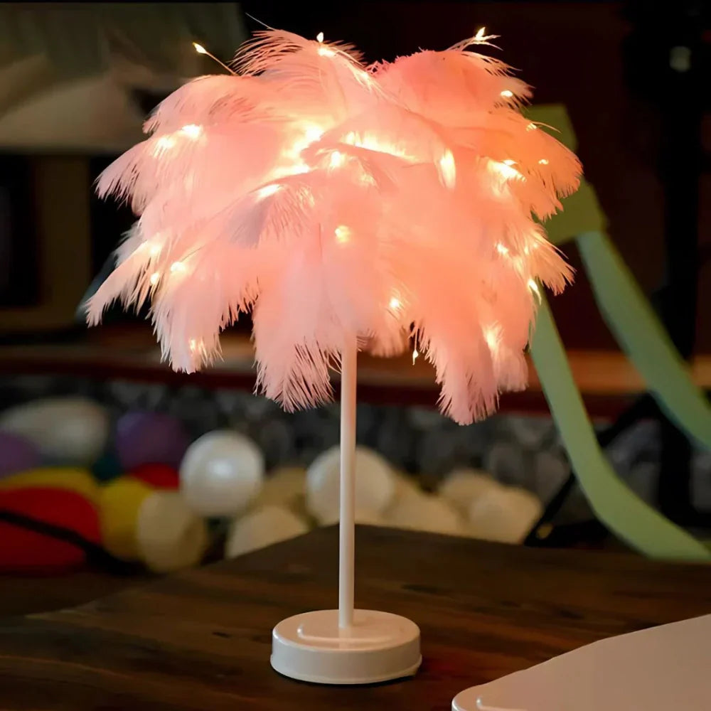 Round Base Table Lamp with Metal Stem and Feather Shade