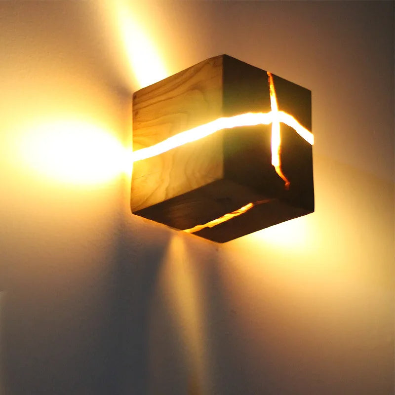 Handcrafted Wall Light in Solid Wood with Resin Detailing