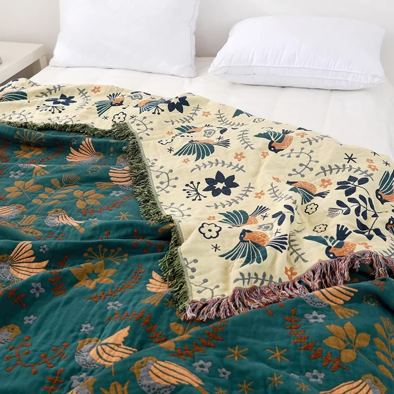 Charming Reversible Cotton Throw Blanket with Elegant Bird Motif
