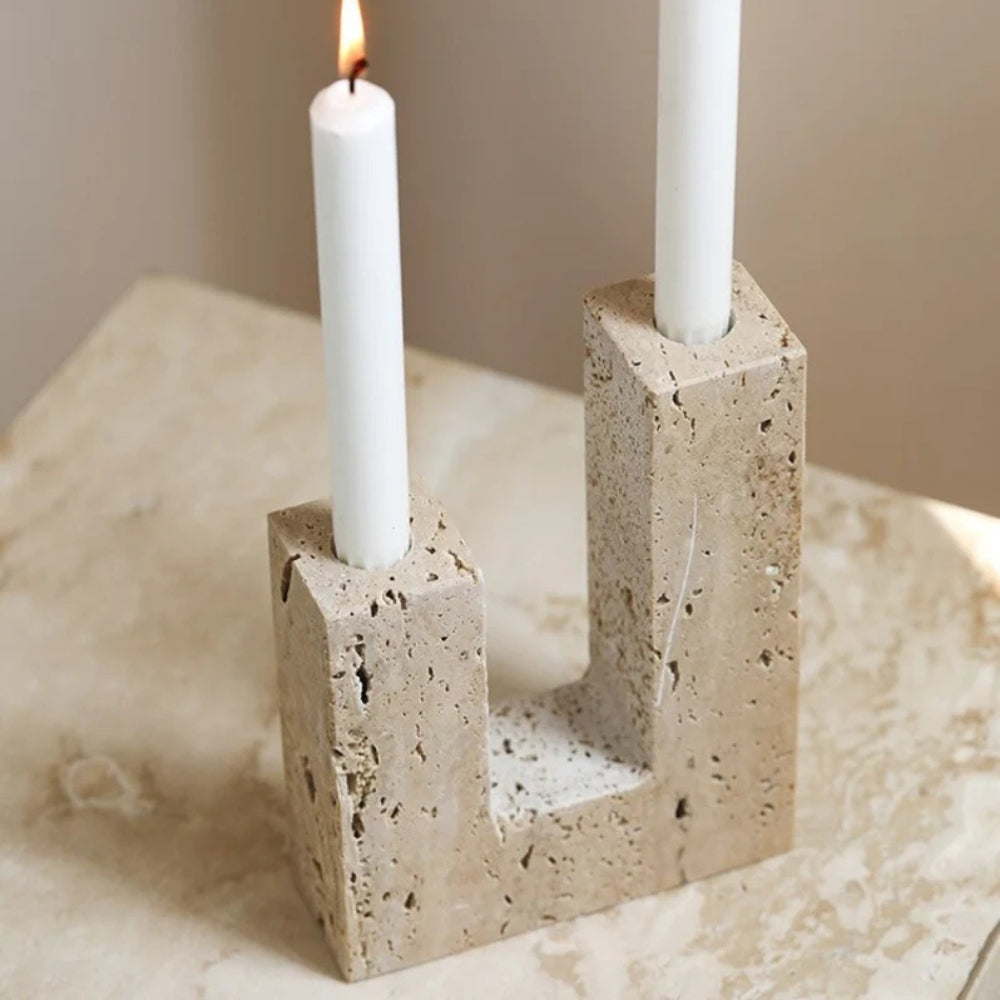Modern Sculptural Candle Holder in Dual Travertine Design
