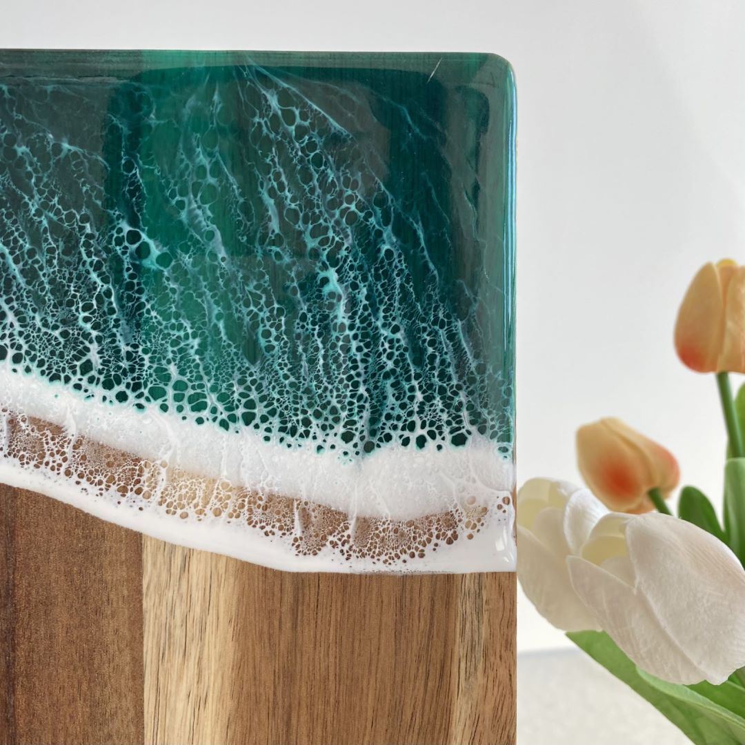 SerenityWave Acacia Wood Serving Board with Ocean-Inspired Design