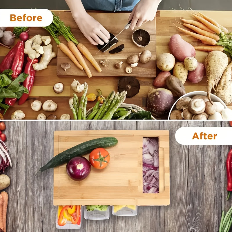 Multifunctional Kitchen Prep Station with Bamboo Cutting Board and Storage Trays