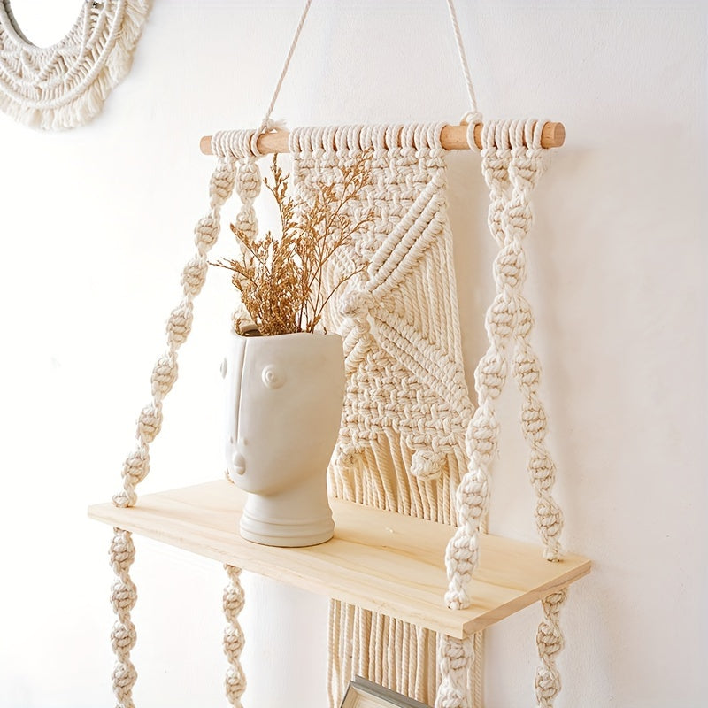 Hanging Storage Rack with Two Tiers – Bohemian Macrame Wall Shelf