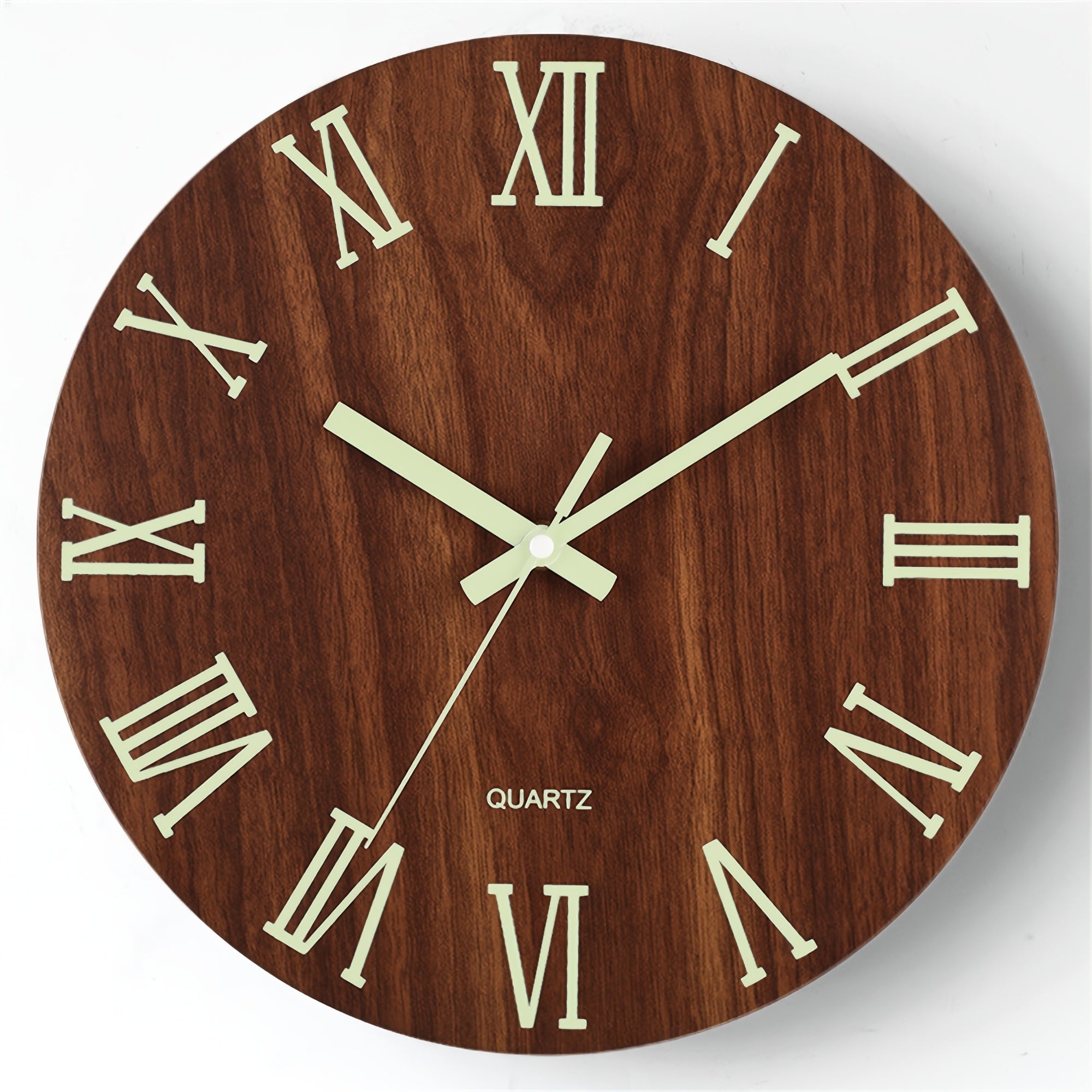 Silent Wooden Wall Clock with Glow-in-the-Dark Walnut Finish