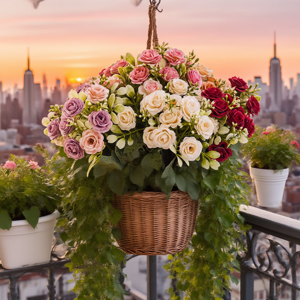 Decorative Hanging Basket with Artificial Roses for Mother's Day