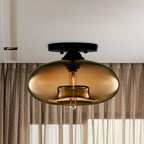 Amber Glass Flush Mount Fixture - Art Deco Style Globe Ceiling Light
