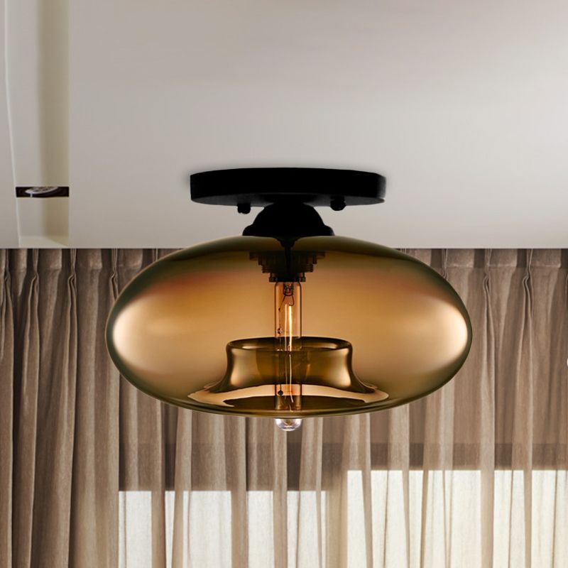 Amber Glass Flush Mount Fixture - Art Deco Style Globe Ceiling Light