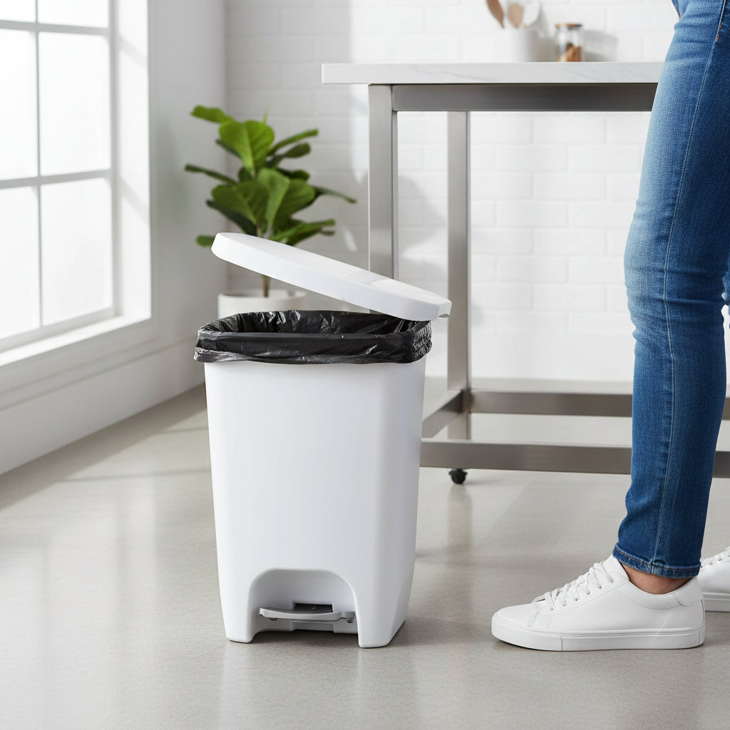 White 13-Gallon Kitchen Trash Bin with Step Pedal and Odor Control