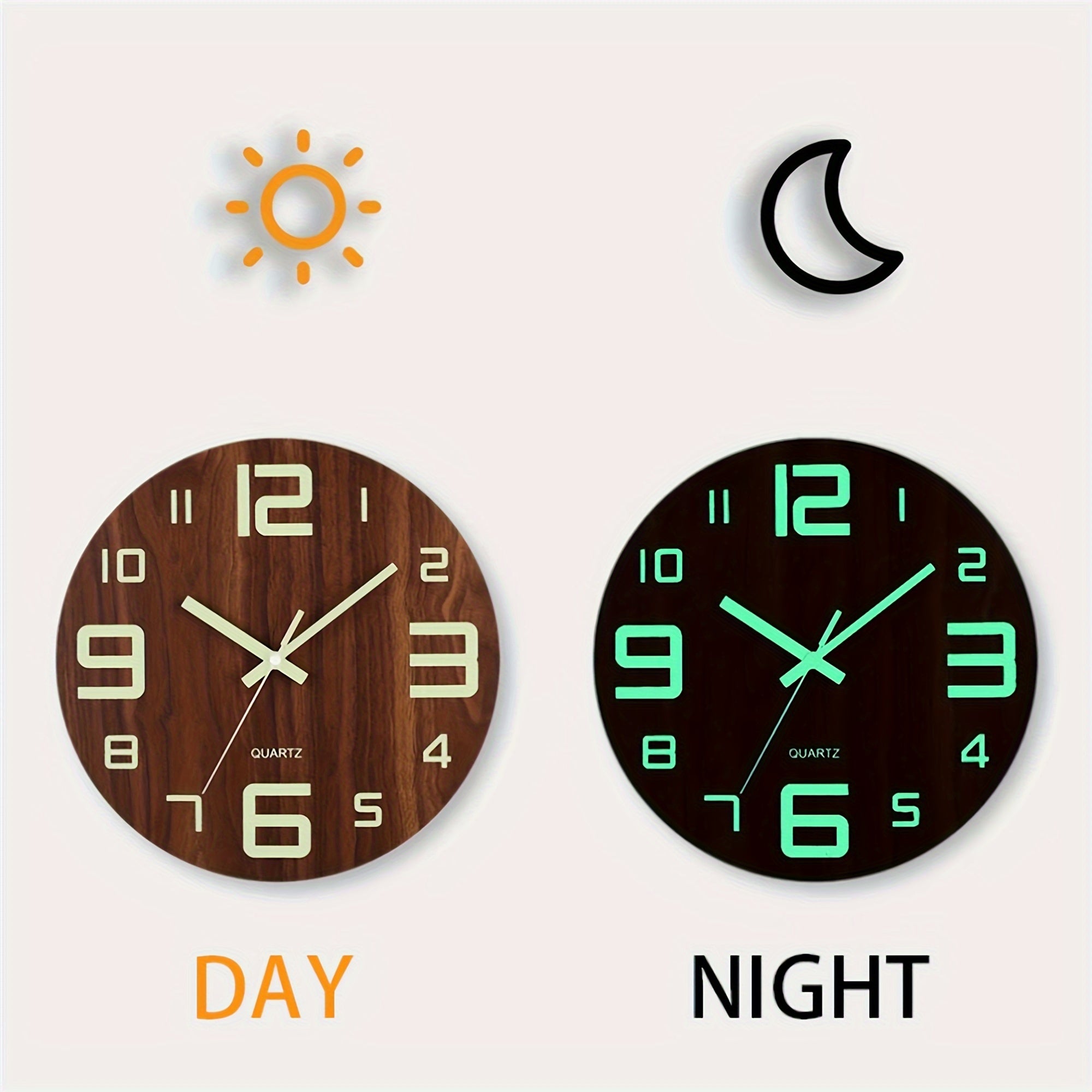 Silent Wooden Wall Clock with Glow-in-the-Dark Walnut Finish