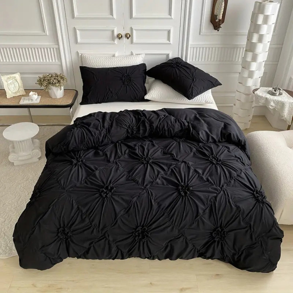 Pleated Floral Textured Duvet Cover Set (Zipper & Corner Ties)