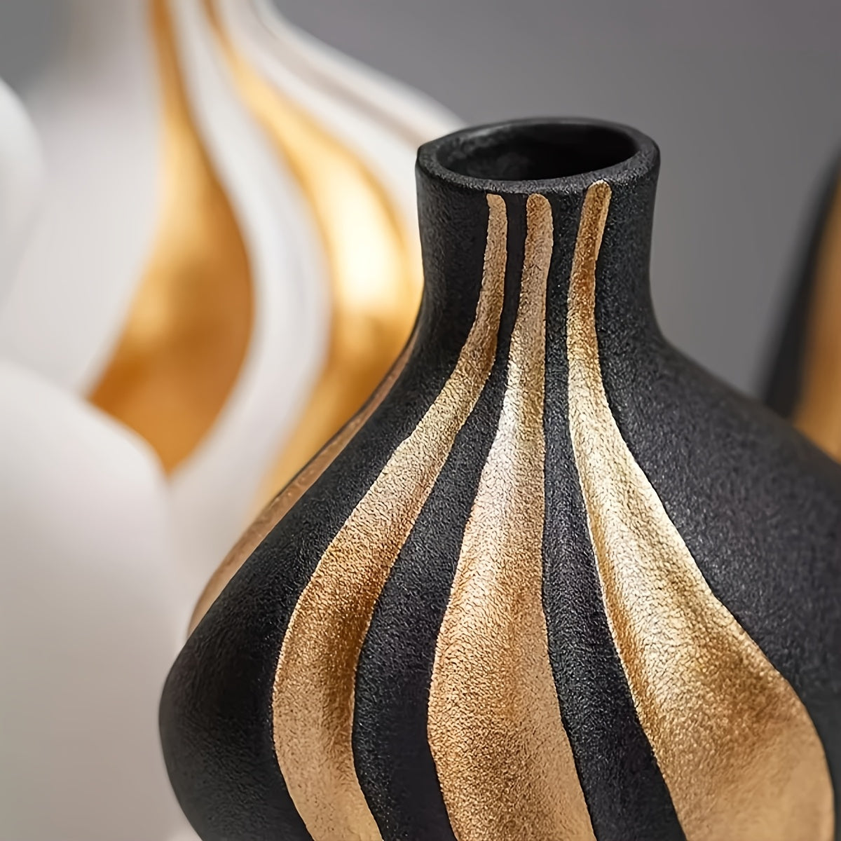 Contemporary Ceramic Vase – Black and White with Gold Details for Table Decor