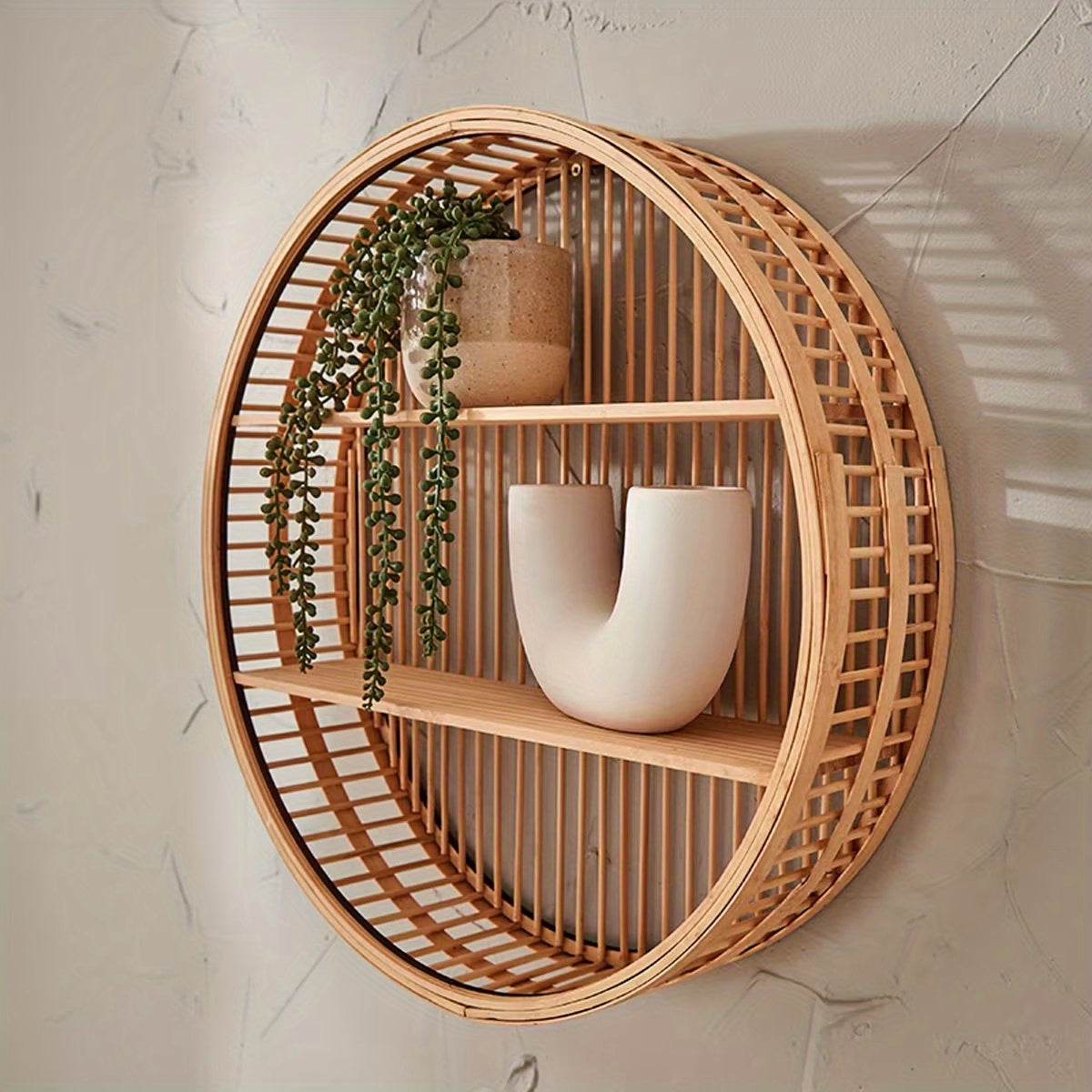 Handcrafted Floating Organizer - Round Bamboo Wall Shelf in Boho Style