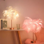 Round Base Table Lamp with Metal Stem and Feather Shade