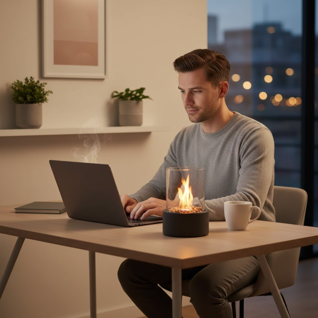 Glass Cylinder Bioethanol Fireplace for Tabletop with Metal Base