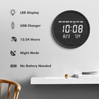 LED Display Digital Wall Clock with USB Power – Scandinavian Style