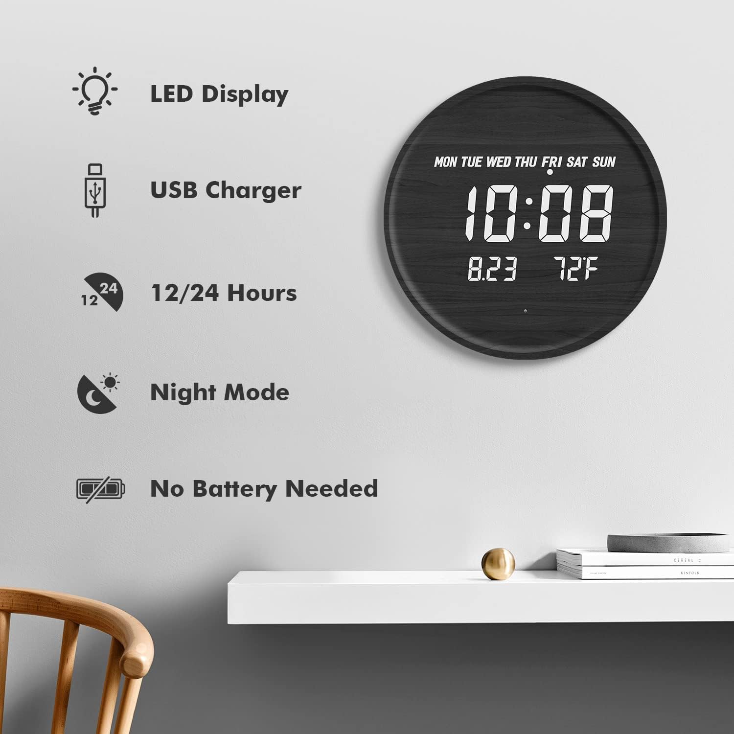 LED Display Digital Wall Clock with USB Power – Scandinavian Style