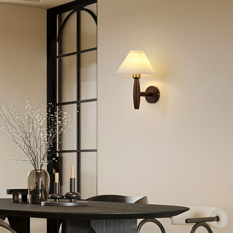 Retro Wall Lamp with Pleated Shade – Wooden Sconce for Bedroom