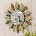 Teal and Gold Leaf Decorative Wall Mirror with Sunburst Design