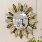Teal and Gold Leaf Decorative Wall Mirror with Sunburst Design