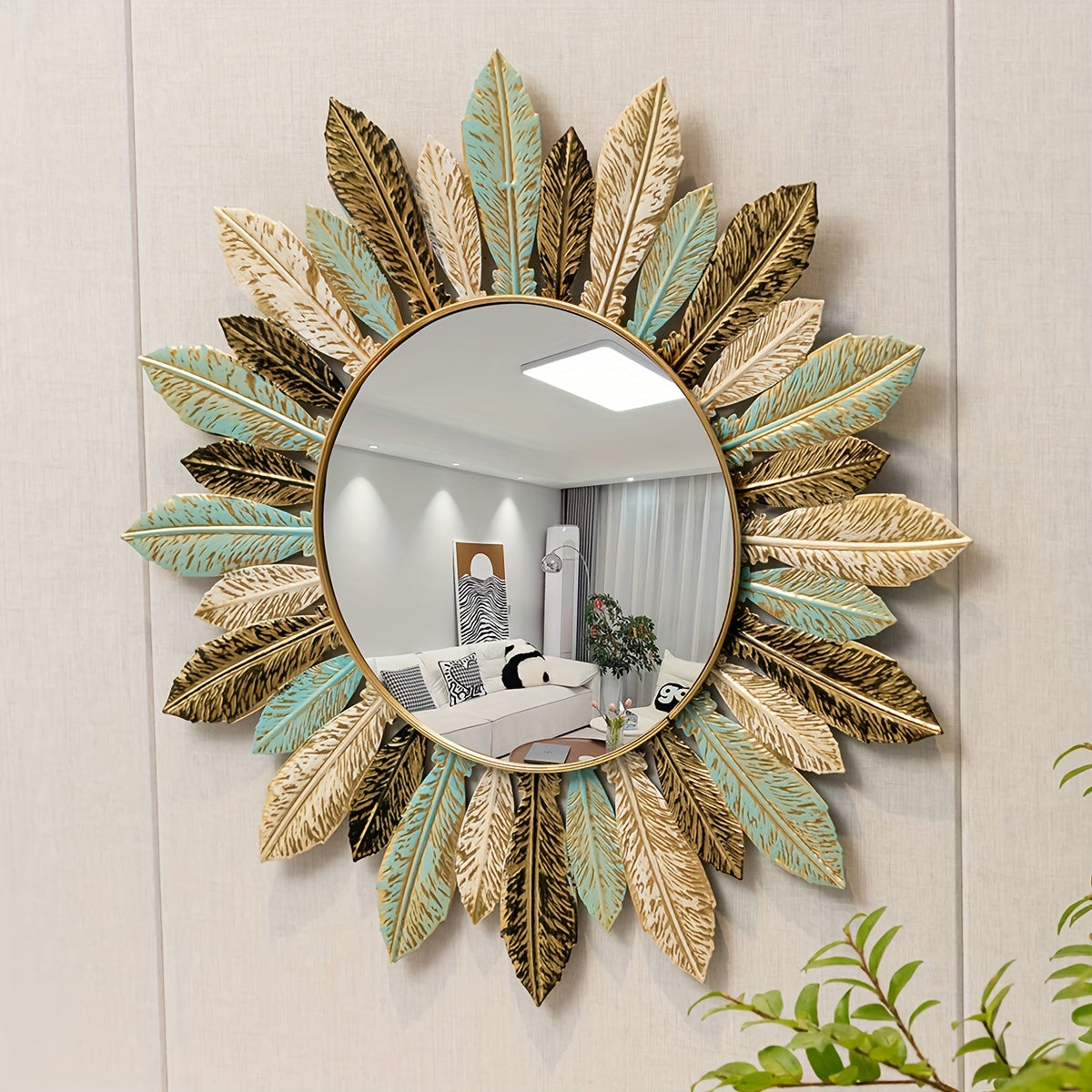 Teal and Gold Leaf Decorative Wall Mirror with Sunburst Design