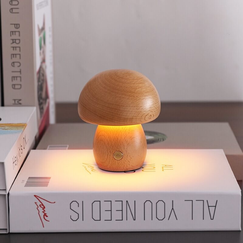 Rechargeable Night Light with Portobello Mushroom Design and Wooden Base