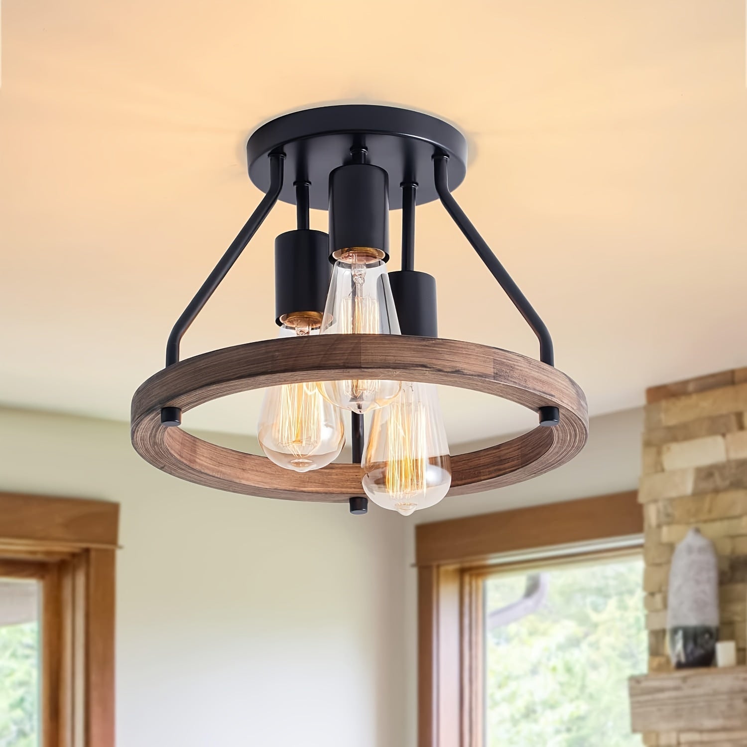 3-Light Semi-Flush Mount Ceiling Fixture with Industrial Wood Ring