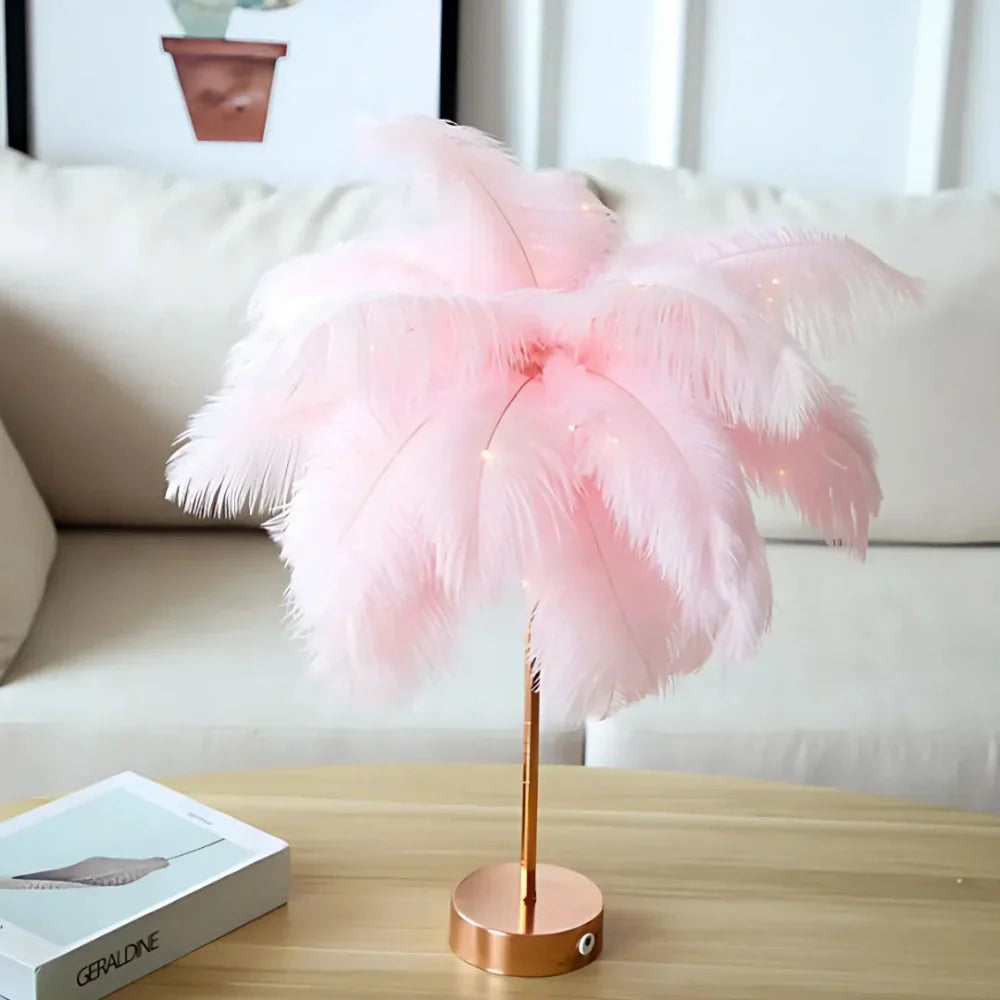 Round Base Table Lamp with Metal Stem and Feather Shade