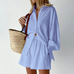 2-Piece Summer Set Blouse & Shorts Breathable Lantern Sleeve