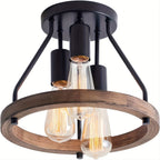 3-Light Semi-Flush Mount Ceiling Fixture with Industrial Wood Ring